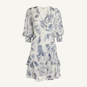 AllSaints Ari Oceano Mini Dress Blue Tempus Print Ruffle Wrap 8